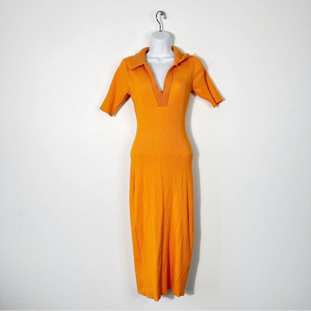 Caroline Constas Ribbed Knit Orange Crochet Polo Collar Midi Dress Medium - Picture 2 of 6